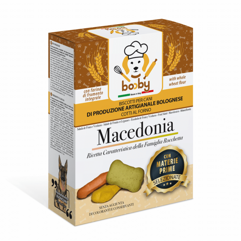 Galletas horneadas para perros Booby de sabor Macedonia, horneadas suaves con carne e ingredientes 100% naturales más superalimentos que serán una delicia para tus perros.