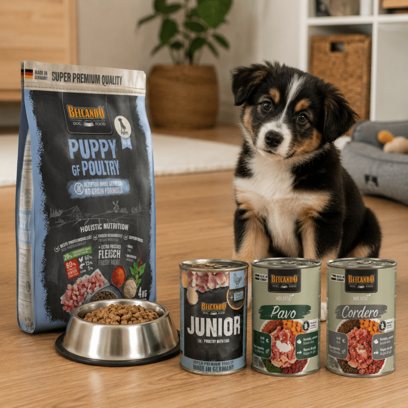 achorro con comida Belcando puppy