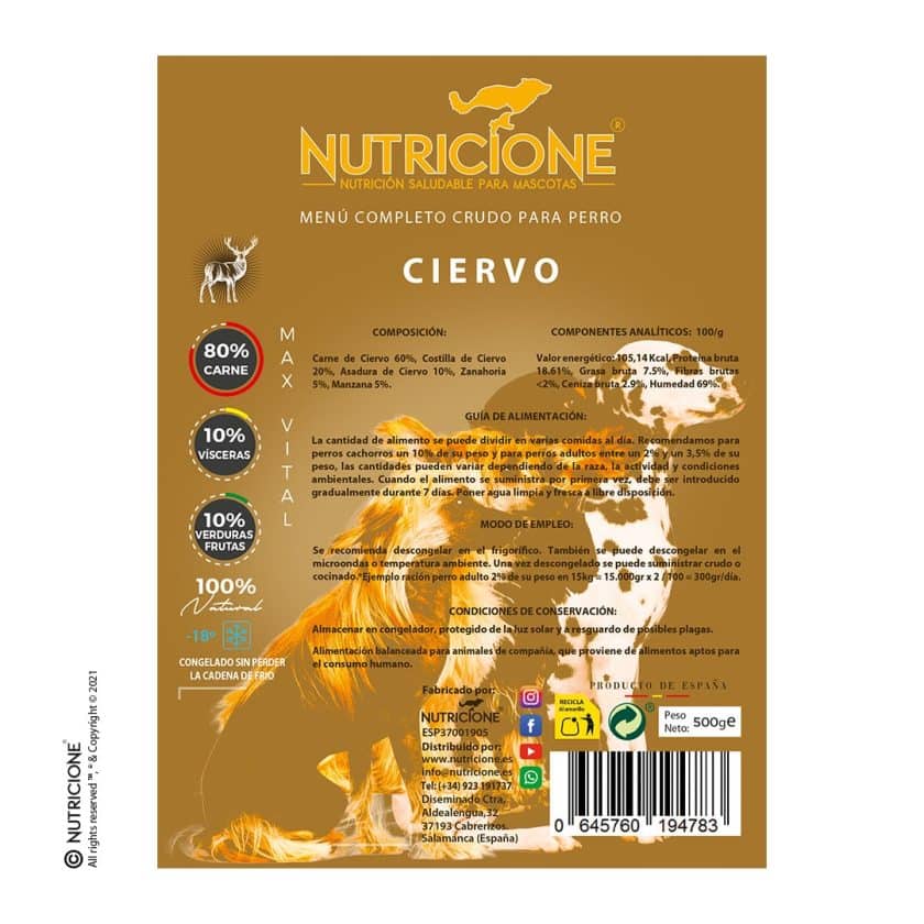 Nutricione - Menú completo BARF Perro - Ciervo