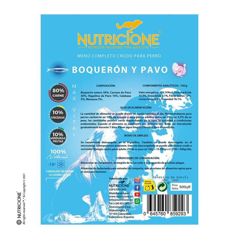 Nutricione - Menú completo BARF Perro - Pavo y Boquerón