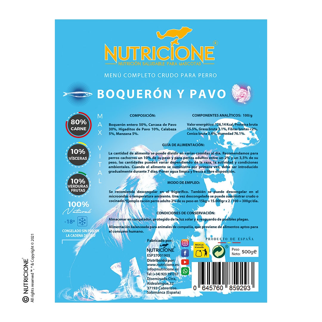 Nutricione - Menú completo BARF Perro - Pavo y Boquerón