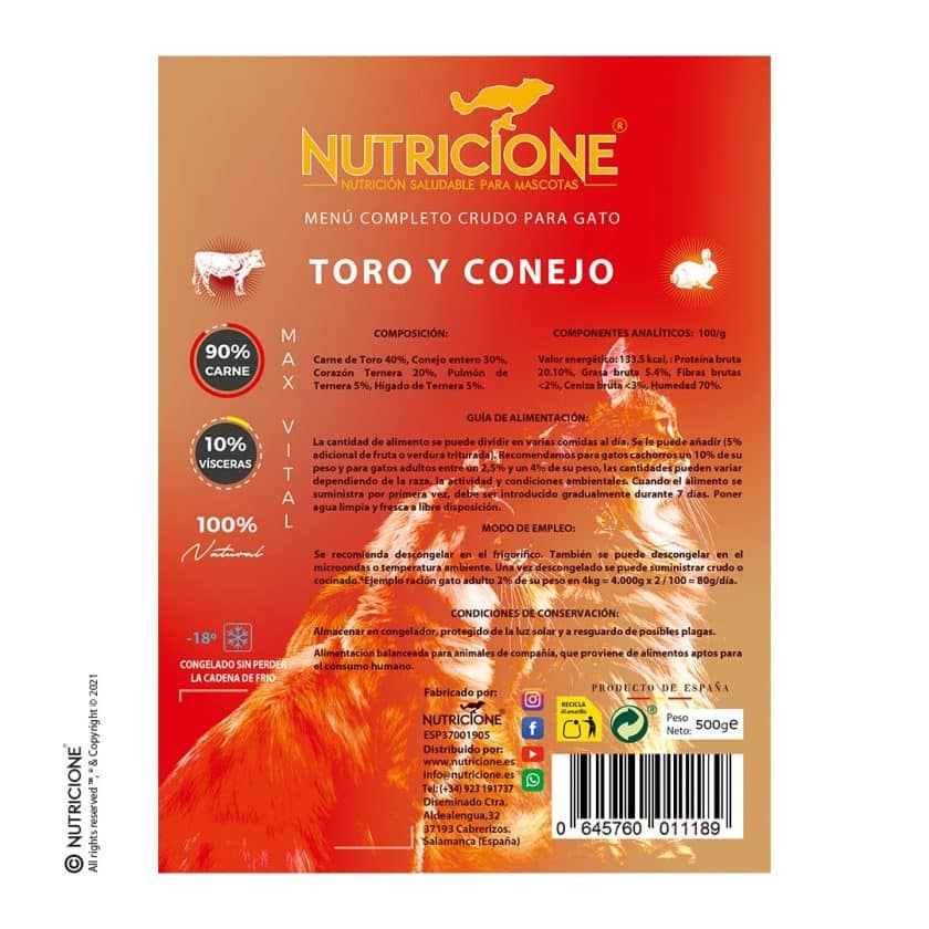 Nutricione - Menú completo BARF Gato - Toro y Conejo