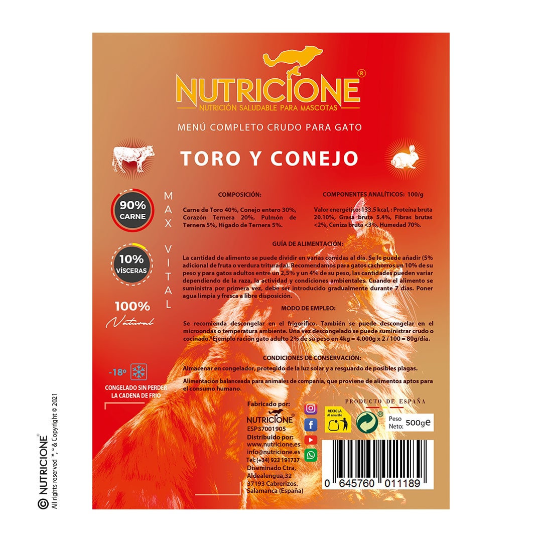 Nutricione - Menú completo BARF Gato - Toro y Conejo