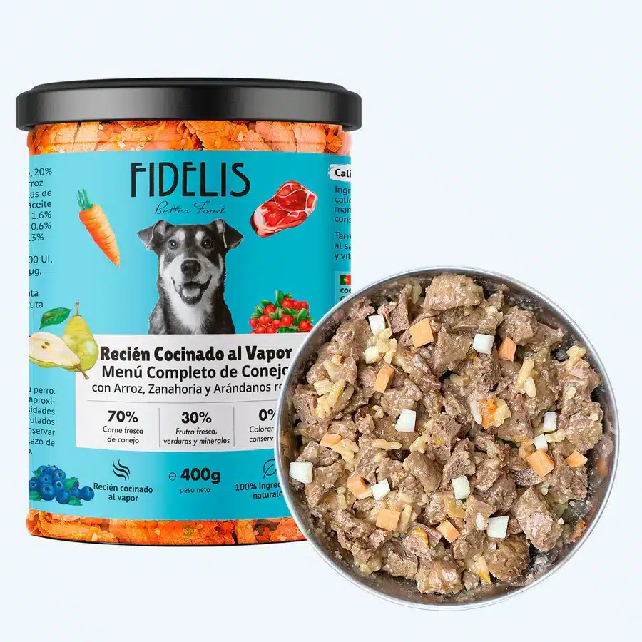 Alimentación natural para perros y gatos Menú Cocinado de Conejo con arroz, zanahoria y arándanos