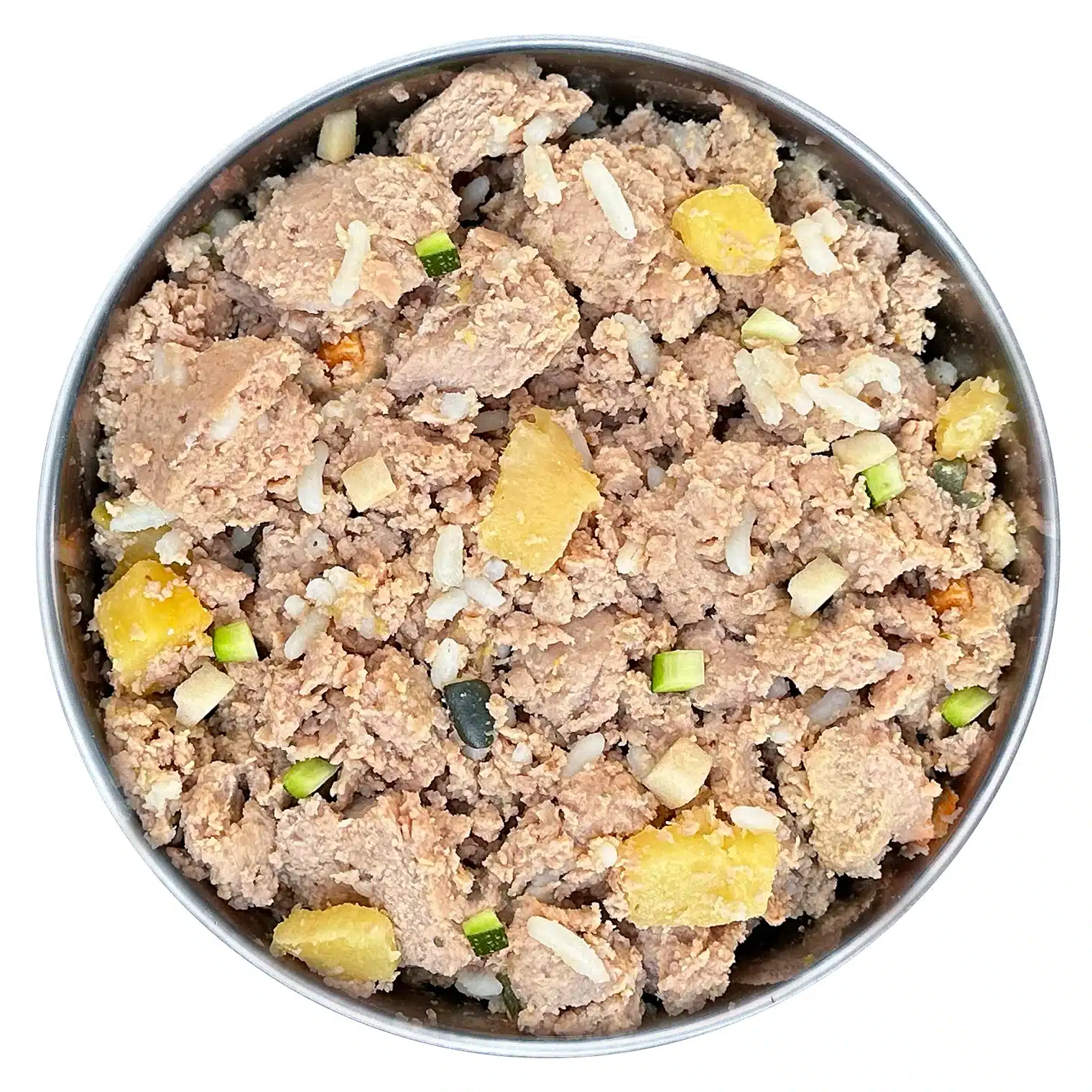 Alimentación natural para perros y gatos Menú Cocinado de Pollo con arroz, calabacín y mango