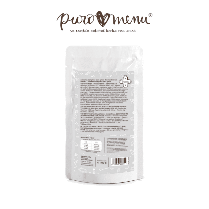 menús son naturales y cocidos, muy completos y equilibrados y proveen tanto a gatos adultos como a gatitos con todos los nutrientes necesarios, incluyendo la taurina. Son mono-proteicos y no solo no contienen nada de cereales sino que también son muy bajos en carbohidratos (no contienen patatas, guisantes, etc). No contienen colorantes ni aglutinantes, ni atrayentes de sabor. Momento de Ternura-pollo