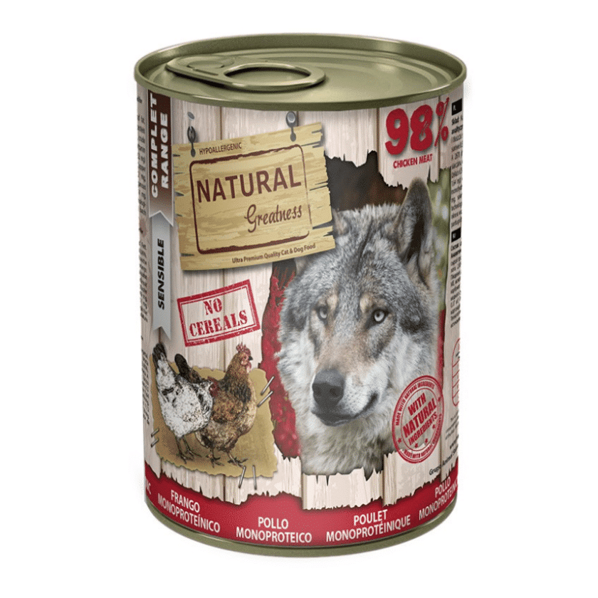 Monoproteica de Pollo, lata Natural Greatness para perros.