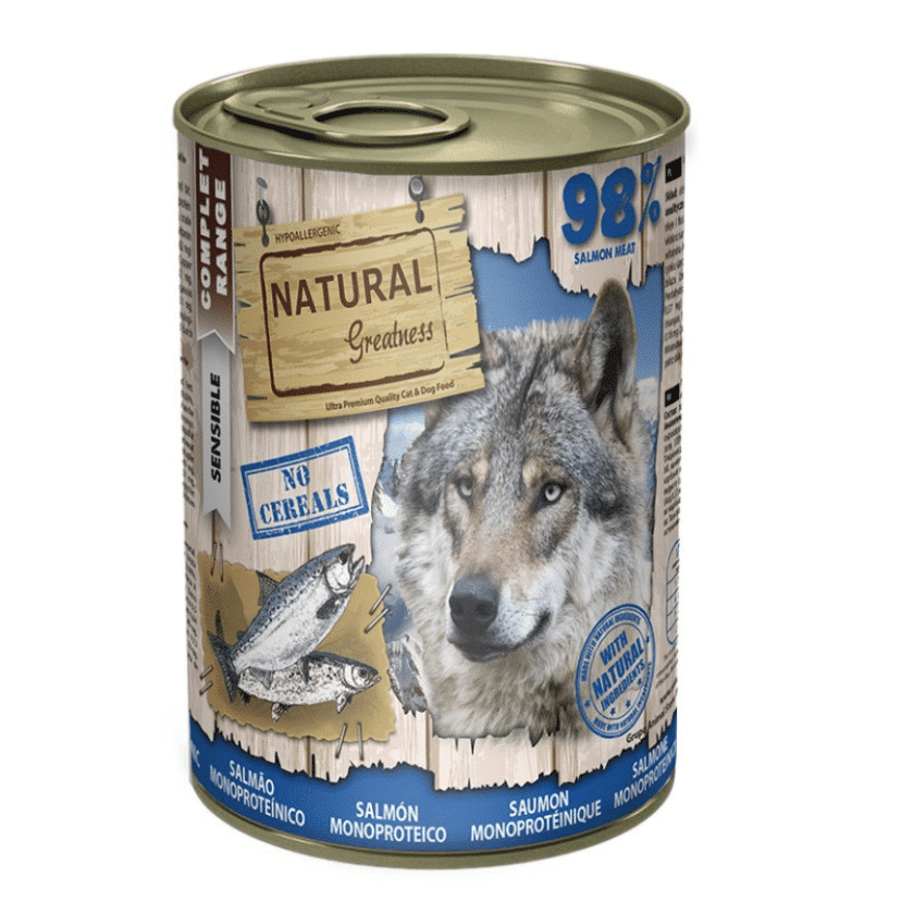 Monoproteica de Salmón, lata Natural Greatness para perros.