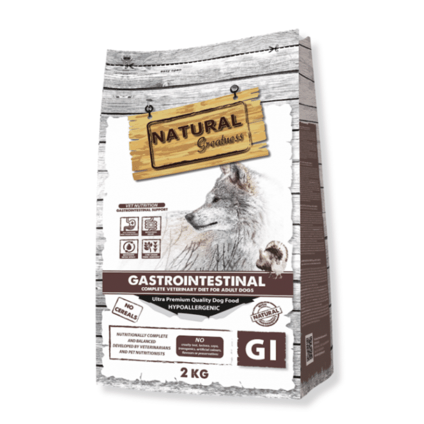 El pienso Natural Greatness Gastrointestinal es de gama Veterinaria, completamente hipoalergénico y sin cereales destinado a perros adultos de todas las razas con trastornos de la absorción intestinal. natural greatness gastrointestinal perros