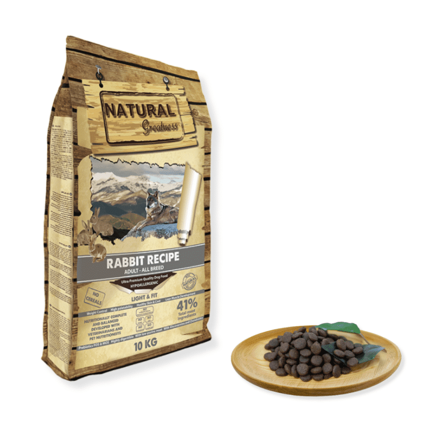 El pienso Natural Greatness Receta Conejo para perros es un pienso Ultra Premium hipoalergénico sin cereales para perros adultos de todas las razas. Elaborada con carne de conejo, que es baja en grasas, e incluye L-carnitina para contribuir a la eliminación de la grasa acumulada. Natural Greatness Receta Conejo para perros
