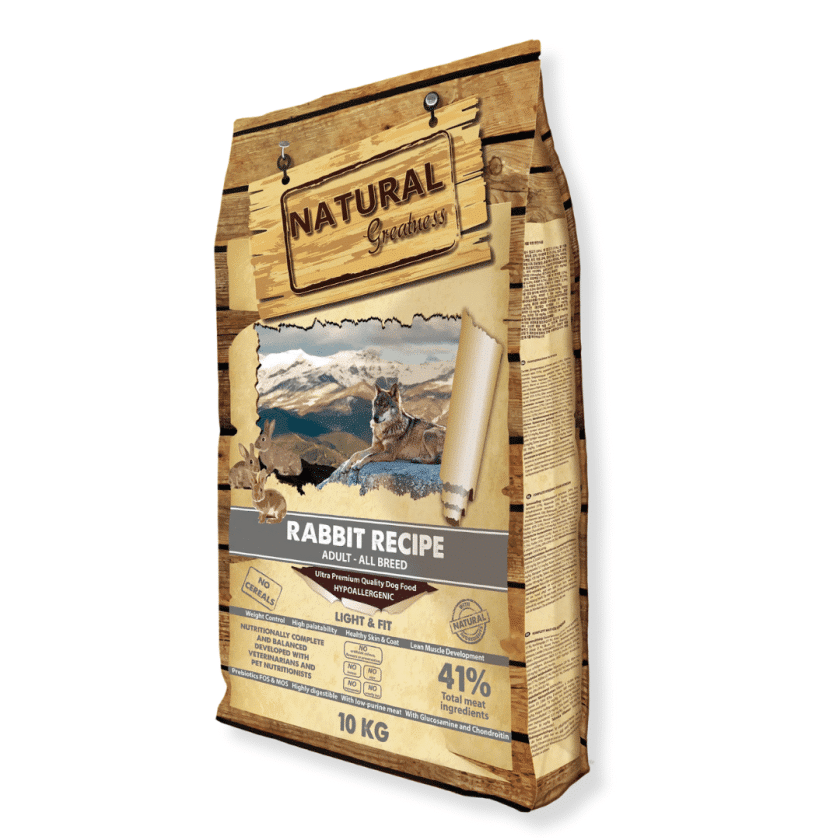 El pienso Natural Greatness Receta Conejo para perros es un pienso Ultra Premium hipoalergénico sin cereales para perros adultos de todas las razas. Elaborada con carne de conejo, que es baja en grasas, e incluye L-carnitina para contribuir a la eliminación de la grasa acumulada. Natural Greatness Receta Conejo para perros