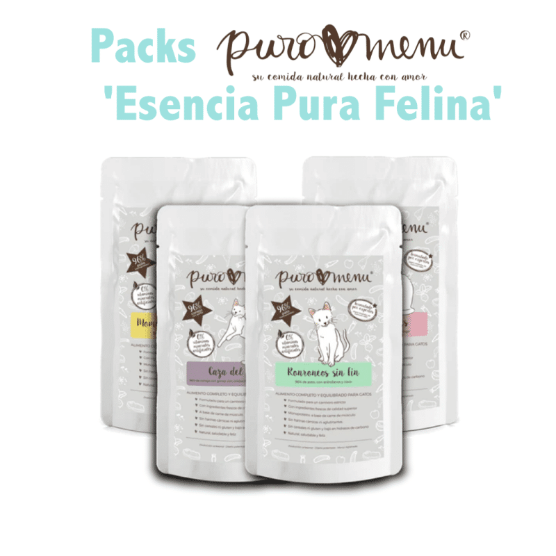 Pack ahorro para gatos: Esencia Pura Felina. Packs de comida natural 4 sabores de menus cocinados Puromenu para gatos.