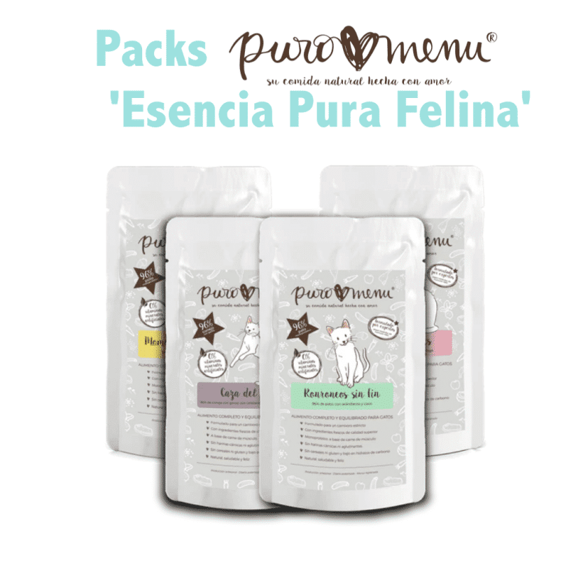 Pack ahorro para gatos: Esencia Pura Felina. Packs de comida natural 4 sabores de menus cocinados Puromenu para gatos.
