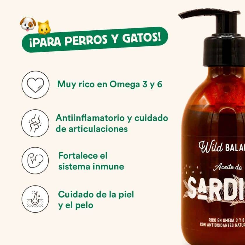 El Aceite natural de Sardina es una fuente natural de ácidos grasos esenciales Omega 3 para perros y gatos